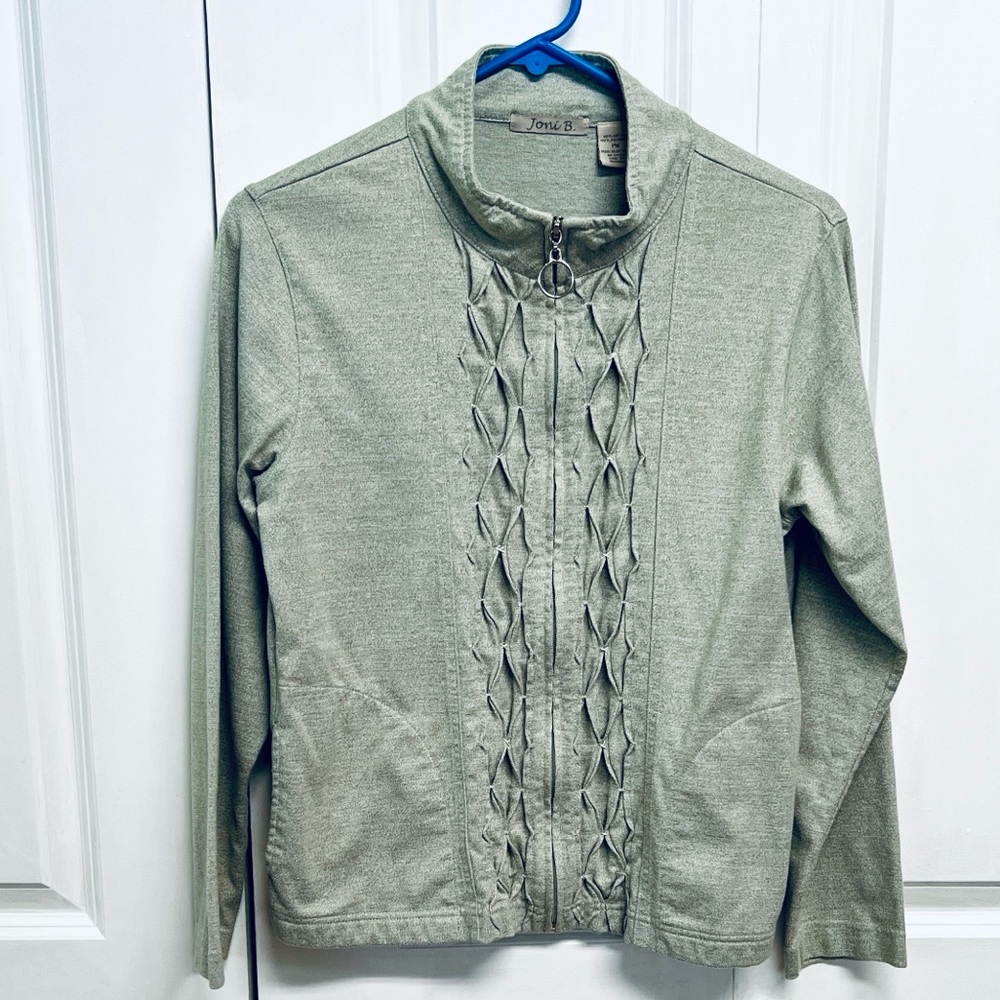 Joni B Sage Green Zip-Front Sweat Jacket with Decorative Front Petite Size PM